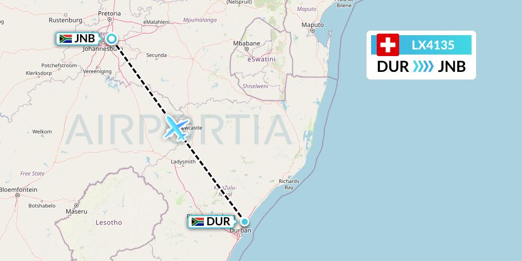 LX4135 Swiss Flight Map: Durban to Johannesburg