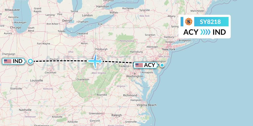 SY8218 Sun Country Airlines Flight Map: Atlantic City to Indianapolis