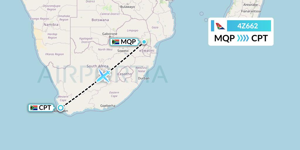 4Z662 Airlink Flight Map: Nelspruit to Cape Town