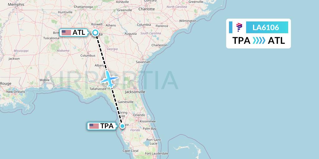 LA6106 LAN Airlines Flight Map: Tampa to Atlanta