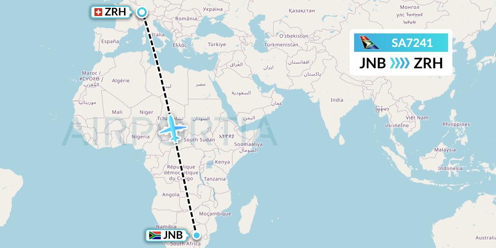 SA7241 South African Airways Flight Map: Johannesburg to Zurich