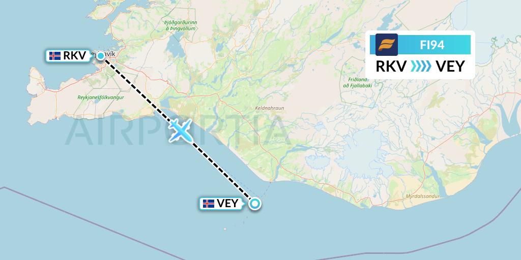 FI94 Icelandair Flight Map: Reykjavik to Vestmannaeyjar