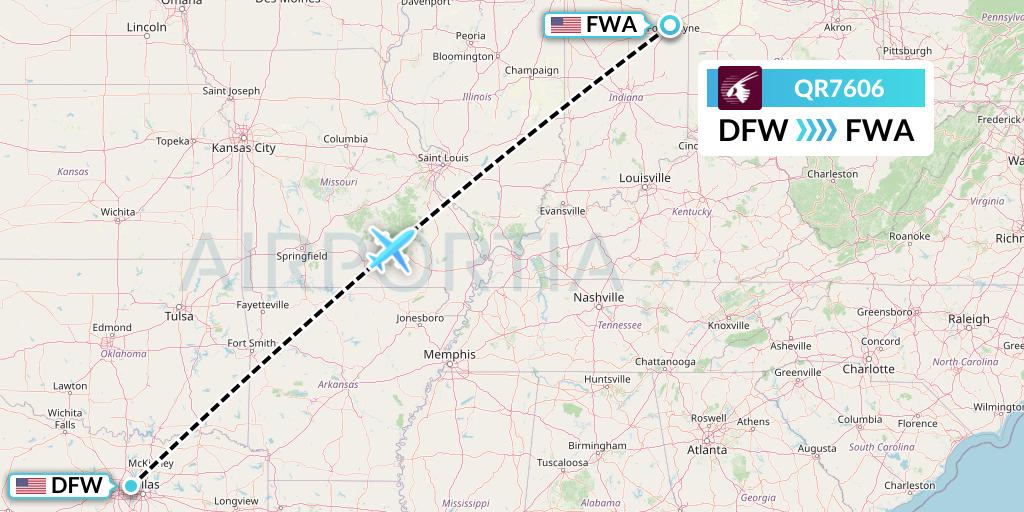 QR7606 Qatar Airways Flight Map: Dallas to Fort Wayne