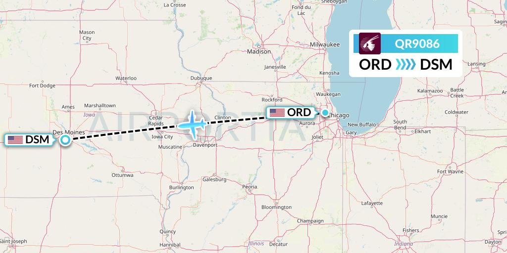 QR9086 Qatar Airways Flight Map: Chicago to Des Moines