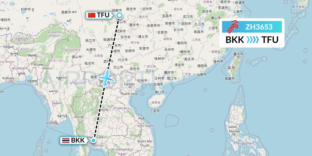 ZH3653 Shenzhen Airlines Flight Map: Bangkok to Chengdu