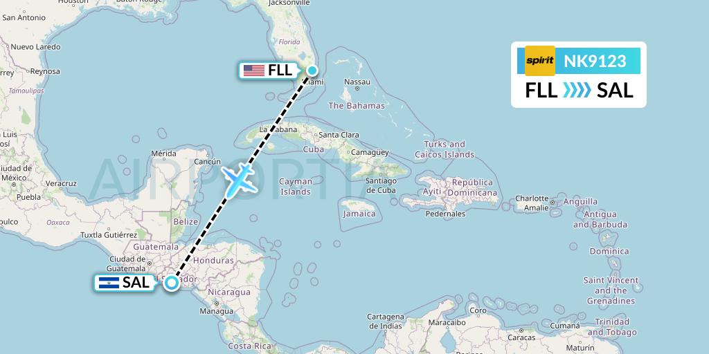 NK9123 Spirit Airlines Flight Map: Fort Lauderdale to San Salvador