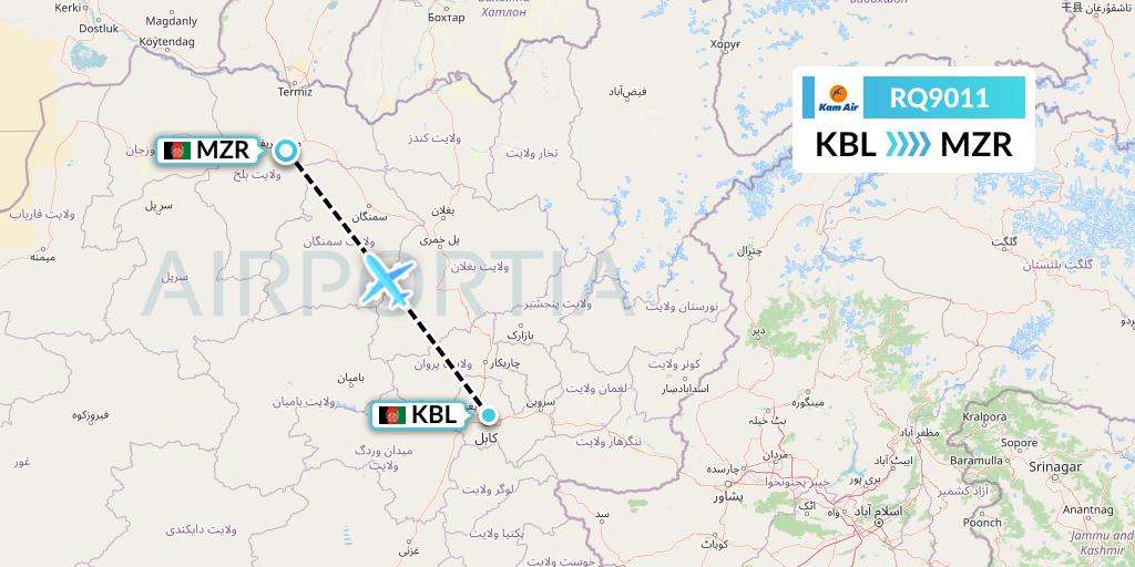 RQ9011 Kam Air Flight Map: Kabul to Mazar-I-Sharif
