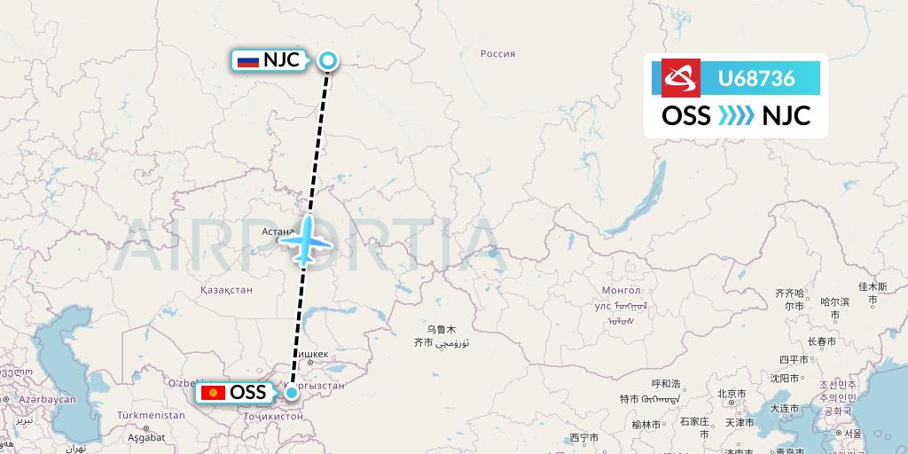 U68736 Ural Airlines Flight Map: Osh to Nizhnevartovsk