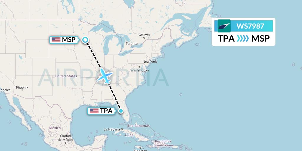 WS7987 WestJet Flight Map: Tampa to Minneapolis