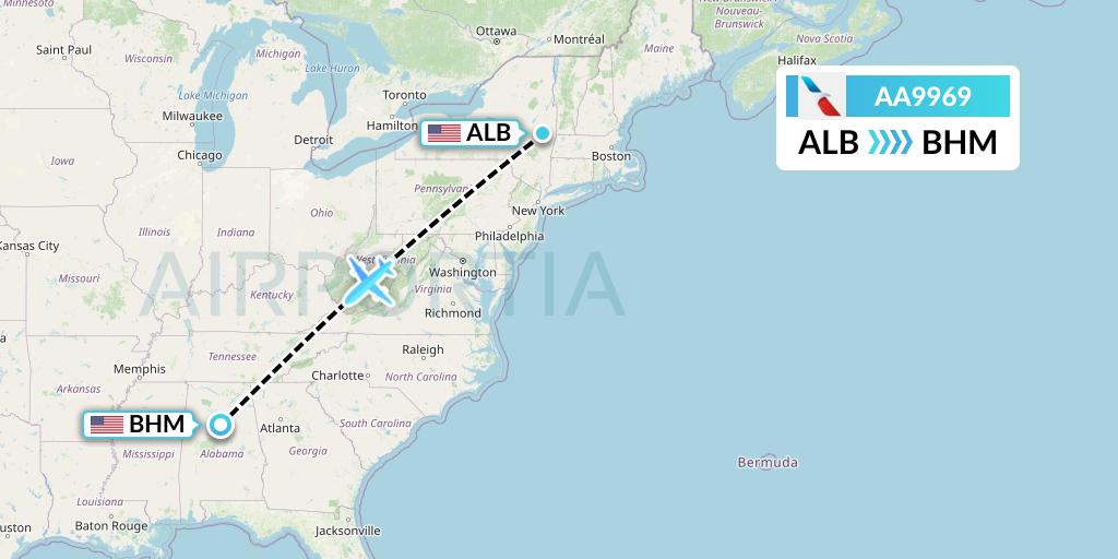 AA9969 American Airlines Flight Map: Albany to Birmingham