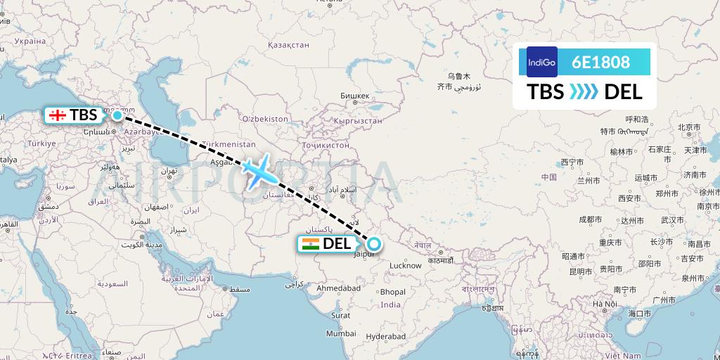 6E1808 IndiGo Airlines Flight Map: Tbilisi to Delhi