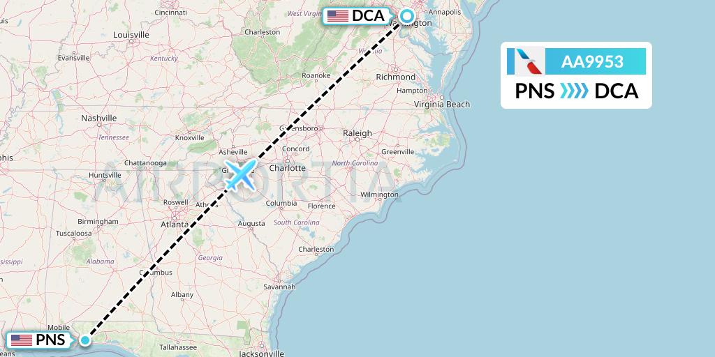 AA9953 American Airlines Flight Map: Pensacola to Washington