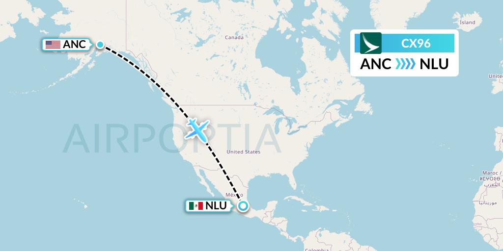 CX96 Cathay Pacific Flight Map: Anchorage to Reyes Acozac