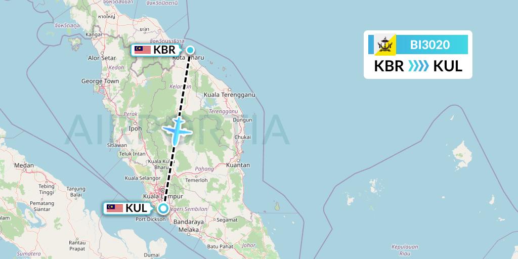 BI3020 Royal Brunei Airlines Flight Map: Kota Bharu to Kuala Lumpur
