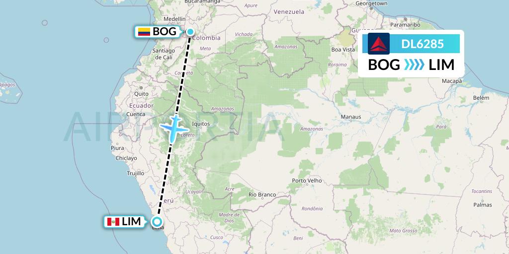 DL6285 Delta Air Lines Flight Map: Bogota to Lima