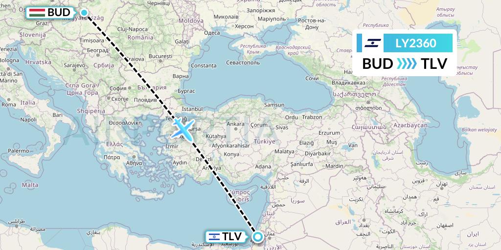 LY2360 El Al Flight Map: Budapest to Tel Aviv