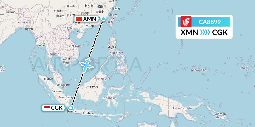 CA8899 Air China Flight Map: Xiamen to Jakarta