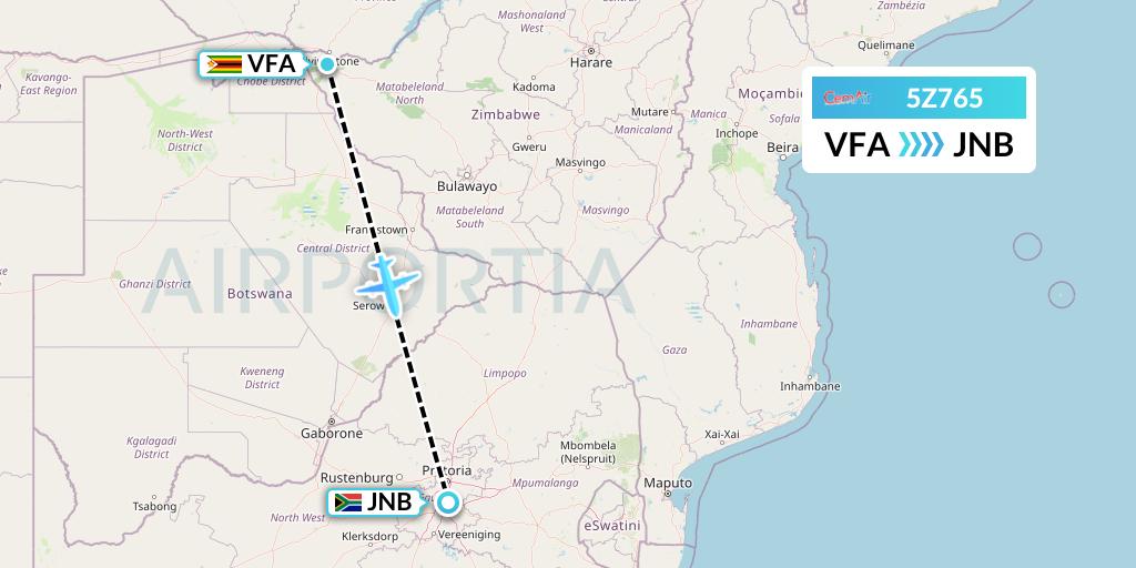 5Z765 CemAir Flight Map: Victoria Falls to Johannesburg