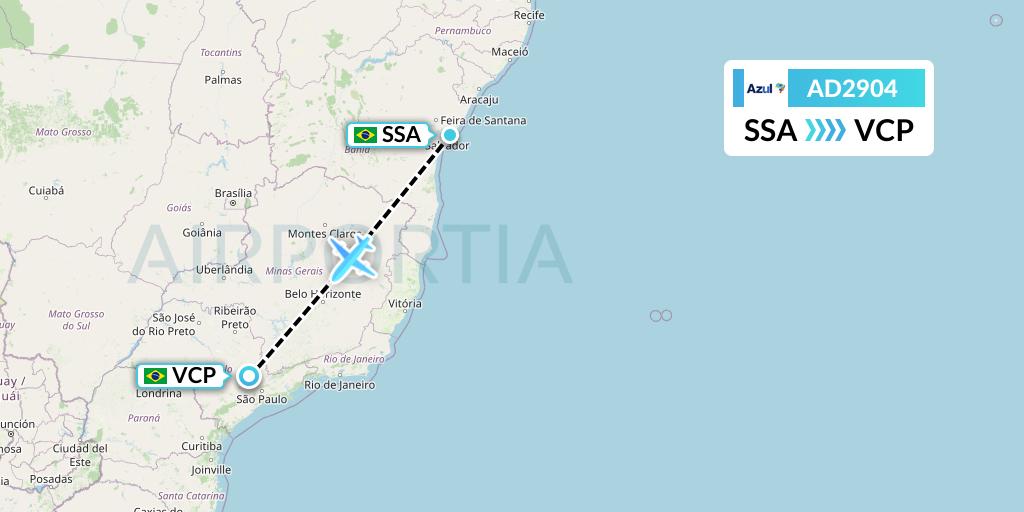 AD2904 Azul Brazilian Airlines Flight Map: Salvador to Campinas