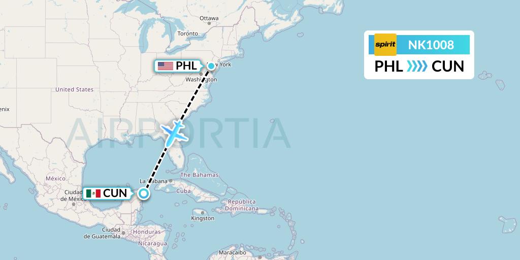 NK1008 Spirit Airlines Flight Map: Philadelphia to Cancun