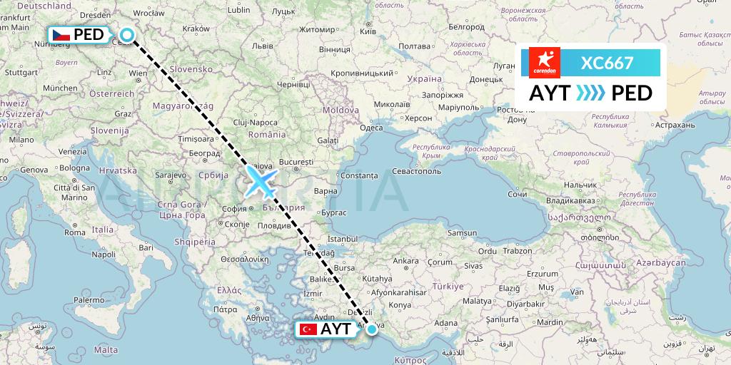 XC667 Corendon Airlines Flight Map: Antalya to Pardubice