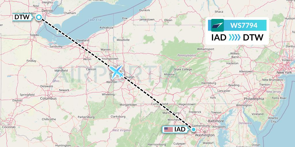 WS7794 WestJet Flight Map: Washington to Detroit
