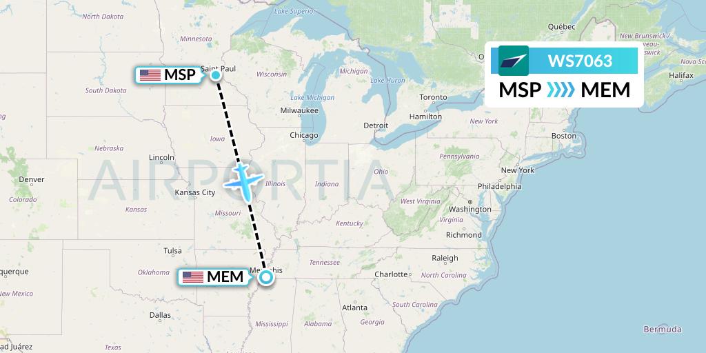 WS7063 WestJet Flight Map: Minneapolis to Memphis