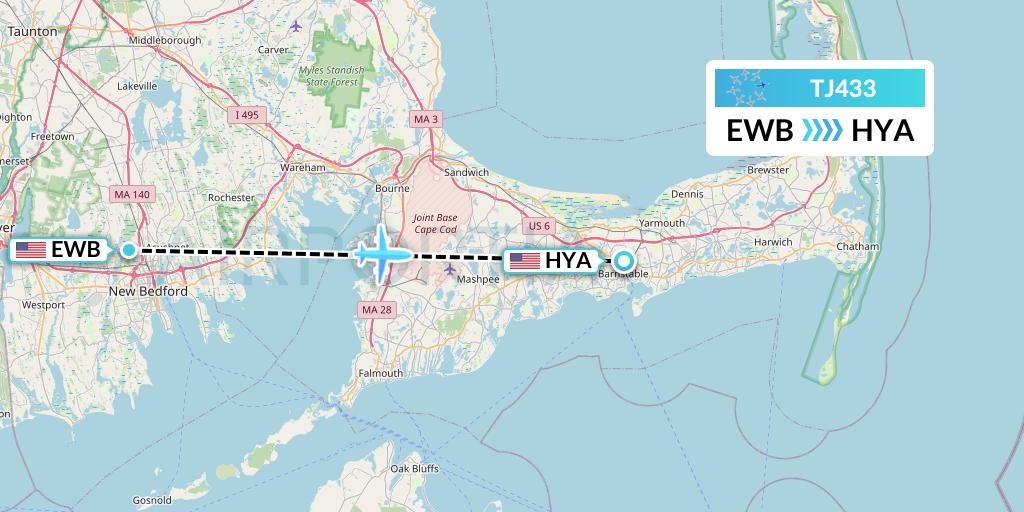 TJ433 Tradewind Aviation Flight Map: New Bedford to Hyannis