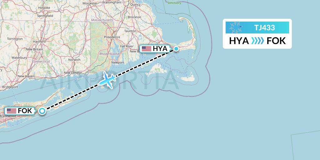 TJ433 Tradewind Aviation Flight Map: Hyannis to Westhampton Beach
