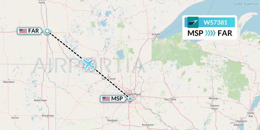 WS7381 WestJet Flight Map: Minneapolis to Fargo
