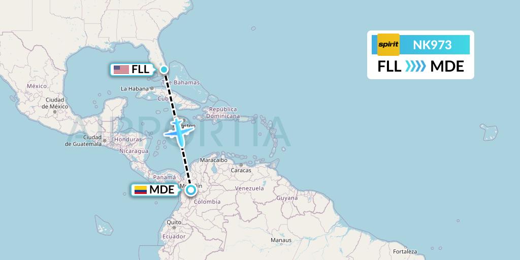 NK973 Spirit Airlines Flight Map: Fort Lauderdale to Medellin