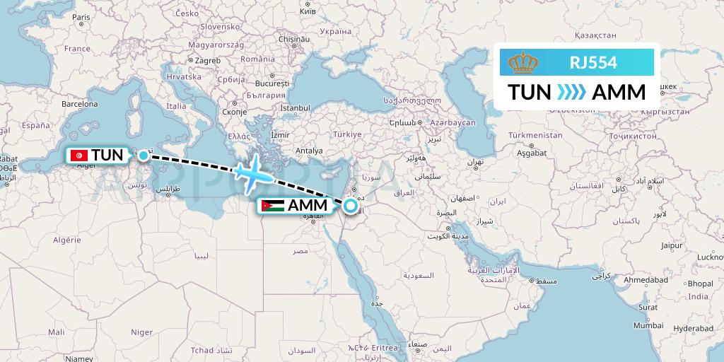 RJ554 Royal Jordanian Flight Map: Tunis to Amman