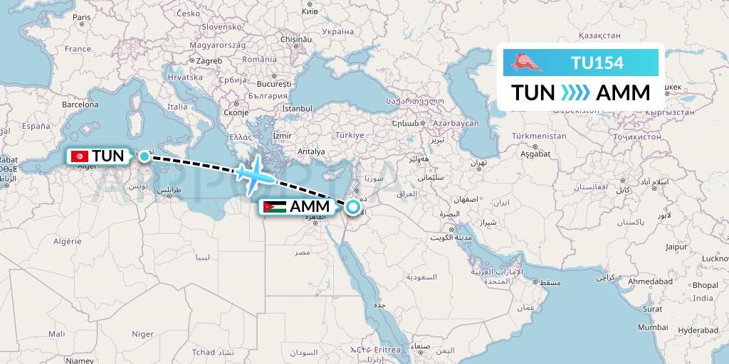 TU154 Tunisair Flight Map: Tunis to Amman
