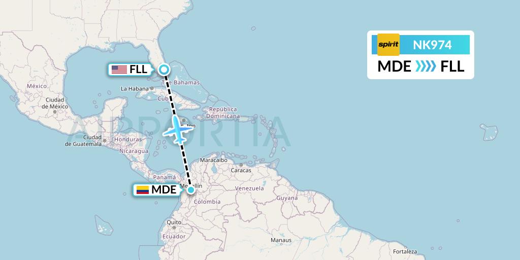 NK974 Spirit Airlines Flight Map: Medellin to Fort Lauderdale