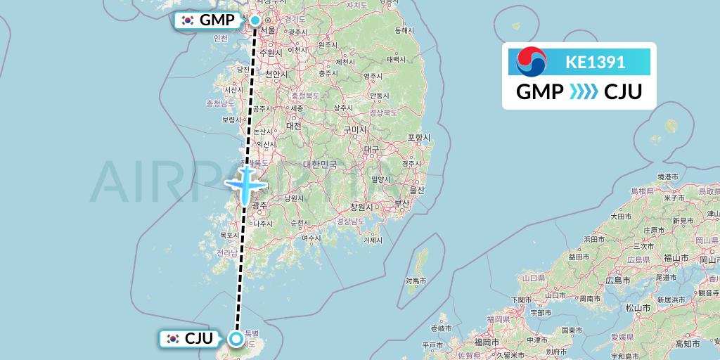 KE1391 Korean Air Flight Map: Seoul to Jeju