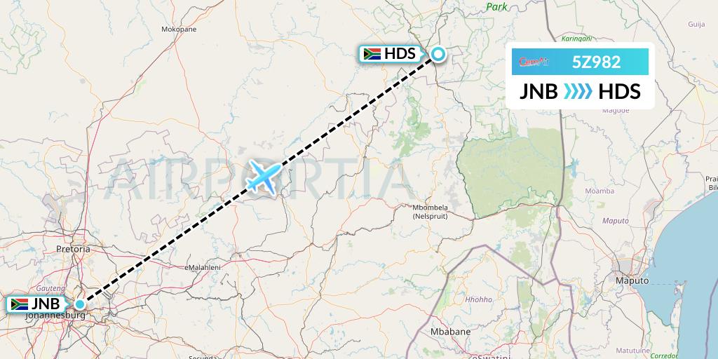 5Z982 CemAir Flight Map: Johannesburg to Hoedspruit