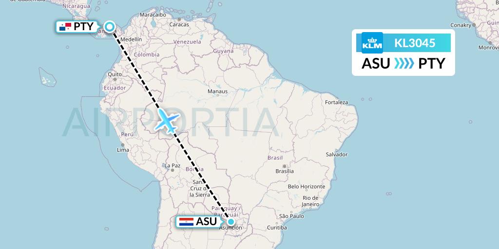 KL3045 KLM Flight Map: Asuncion to Panama City