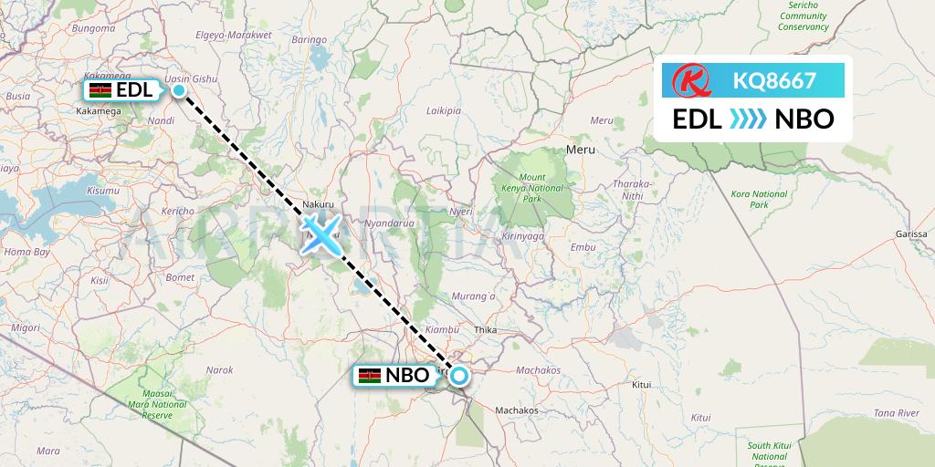 KQ8667 Kenya Airways Flight Map: Eldoret to Nairobi