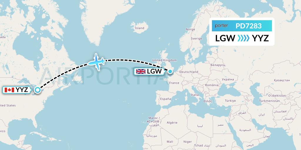 PD7283 Porter Airlines Flight Map: London to Toronto