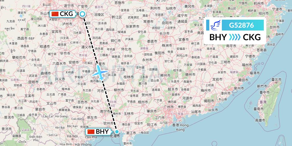 G52876 China Express Airlines Flight Map: Beihai to Chongqing