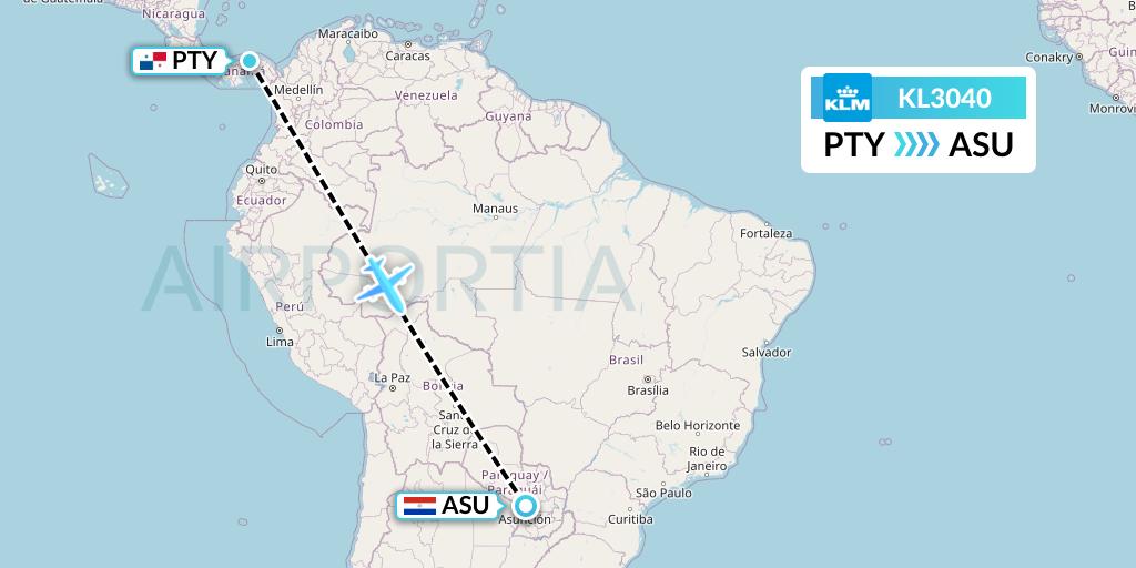 KL3040 KLM Flight Map: Panama City to Asuncion