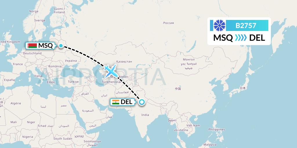 B2757 Belavia Flight Map: Minsk to Delhi