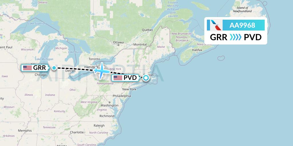 AA9968 American Airlines Flight Map: Grand Rapids to Providence