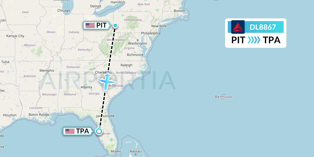 DL8867 Delta Air Lines Flight Map: Pittsburgh to Tampa