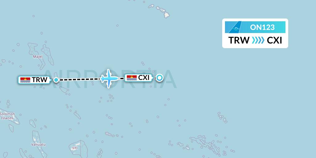 ON123 Nauru Airlines Flight Map: Tarawa to Kiritimati