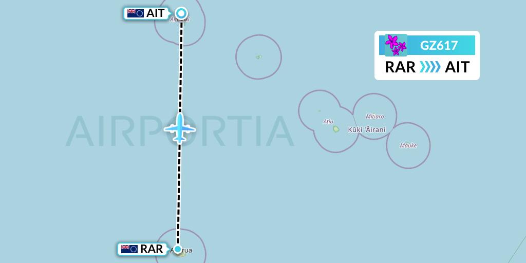 GZ617 Air Rarotonga Flight Map: Avarua to Aitutaki