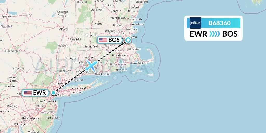B68360 JetBlue Airways Flight Map: New York to Boston