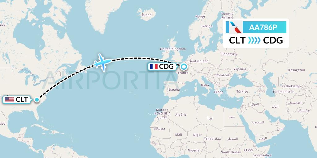 AA786P American Airlines Flight Map: Charlotte to Paris
