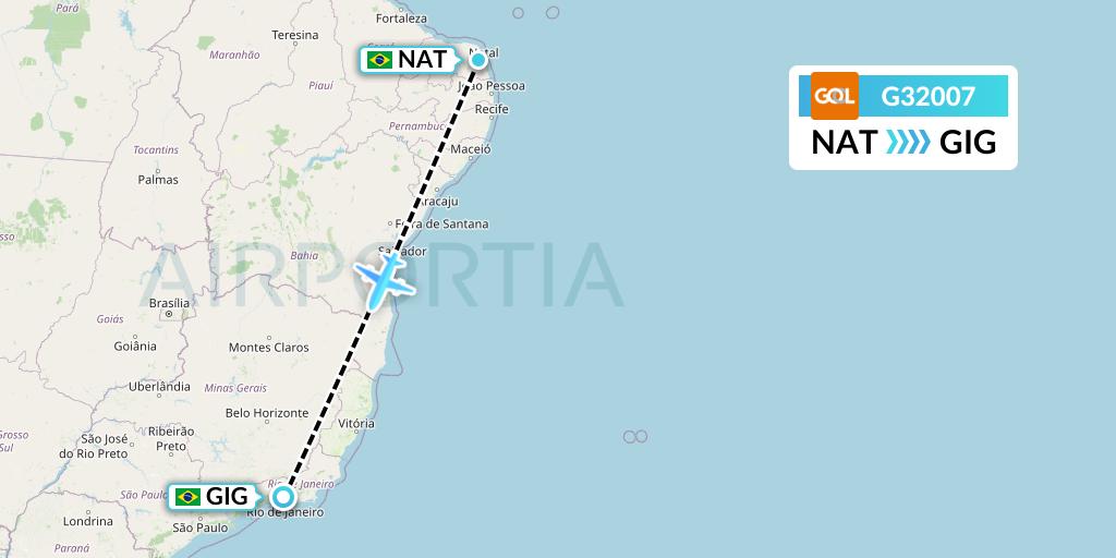 G32007 GOL Transportes Aeros Flight Map: Natal to Rio de Janeiro