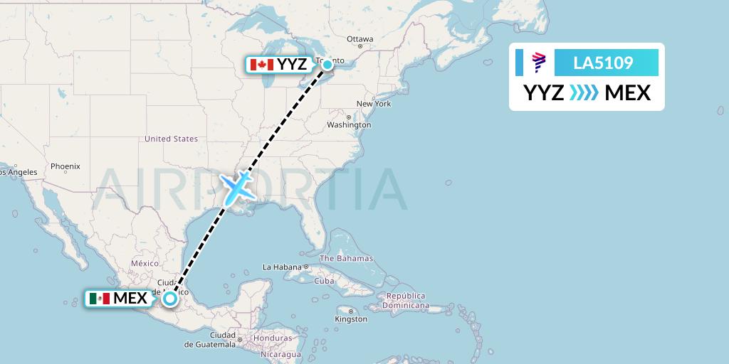 LA5109 LAN Airlines Flight Map: Toronto to Mexico City